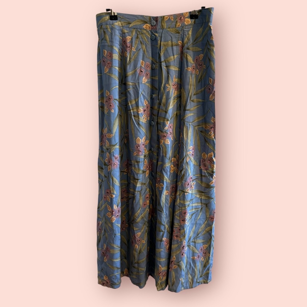 Vintage Sag Harbor Blue Floral Midi Skirt Button Front Rayon